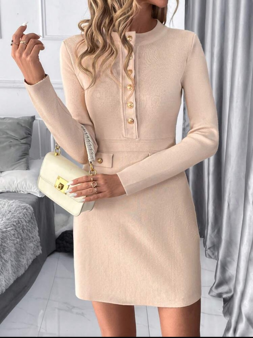 NWOT: Apricot Long-Sleeve Button Front Knit Dress